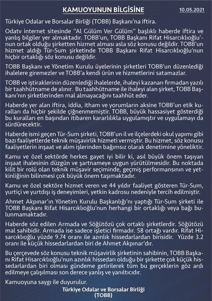 Türkiye Odalar ve Borsalar Birliği (TOBB) Başkanı’na iftira.